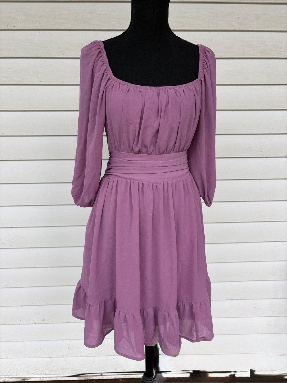 Soft Lilac Square-Neck Midi Dress with Smocked Waist